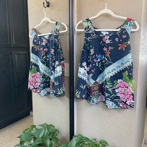 Johnny Was Blue Top with Pink and White Floral Pattern